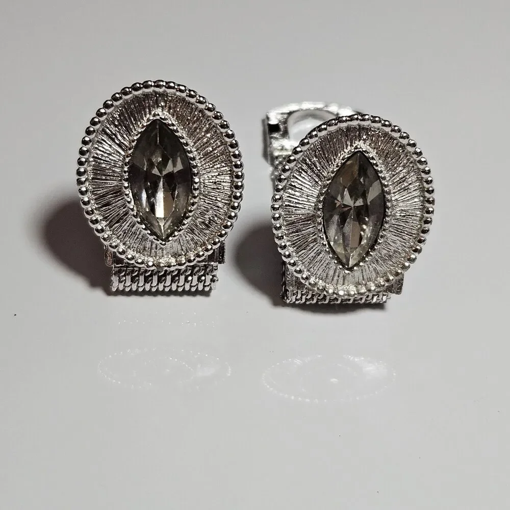 Vintage Swank Clear Marquise Shape Rhine Wrap Around Mesh Silver Tone Cuff Links